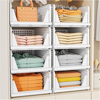 SNSLXH 5-Pack Stackable Foldable Closet Organizers - Space-Saving Storage Bins for Clothes, Toys, Kitchen, Bathroom - White