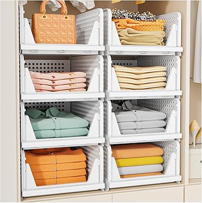 SNSLXH 5 Pack Stackable Closet Storage Basket, Multifunctional & Foldable Closet Organizer for Bathroom Kitchen Laundry Room Wardrobe Storage, Space-Saving Clothes Storage Drawer Organizer, White