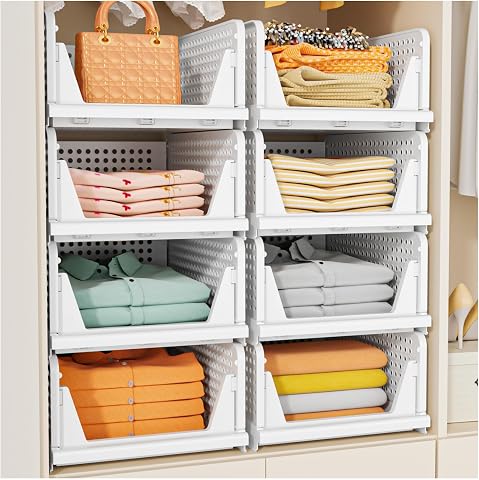 SNSLXH 5 Pack Stackable Closet Storage Baskets, Foldable & Space-Saving Organizer for Bathroom, Kitchen, Laundry, Wardrobe, White