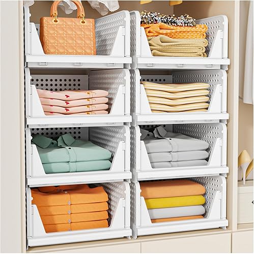Miniatura 10 de SNSLXH Paquete de 5 cajas organizadoras apilables de armario, cesta de almacenamiento multifuncional y plegable para baño, cocina, lavandería,