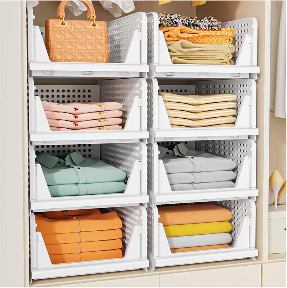 5 Pack Stackable Closet Storage Basket, Multifunctional & Foldable Closet Organizer for Bathroom Kitchen Laundry Room Wardrobe Sto