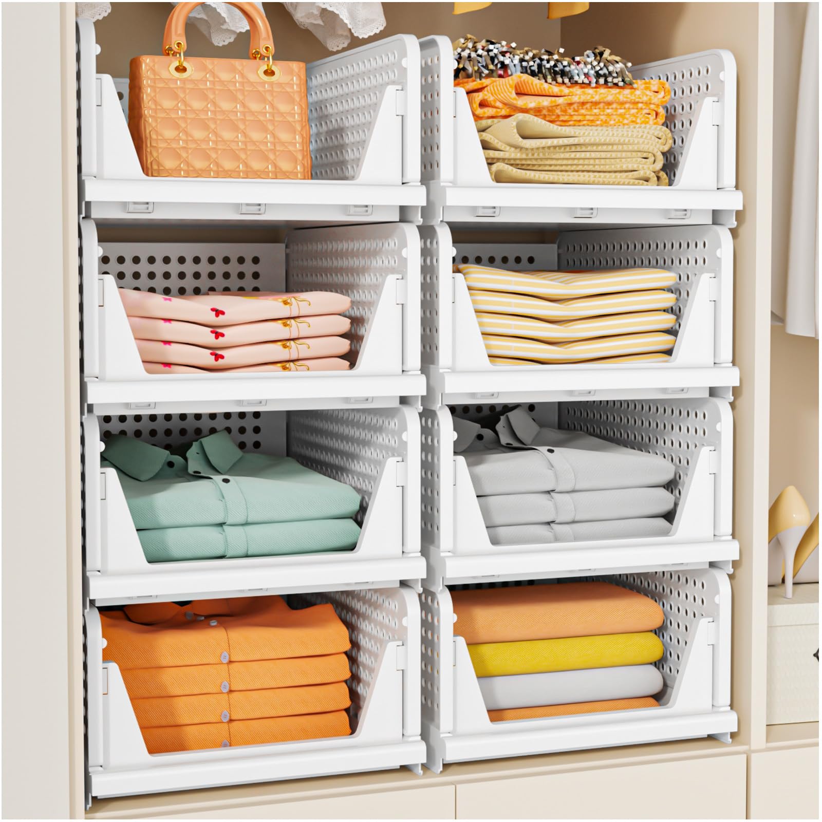 SNSLXH 5 Pack Wardrobe Storage Organiser, Stackable & Foldable Closet Organisers for Bedroom Bathroom Laundry Room Wardrobe Storage, Space-Saving Clothes Storage Drawer Organiser Basket, White