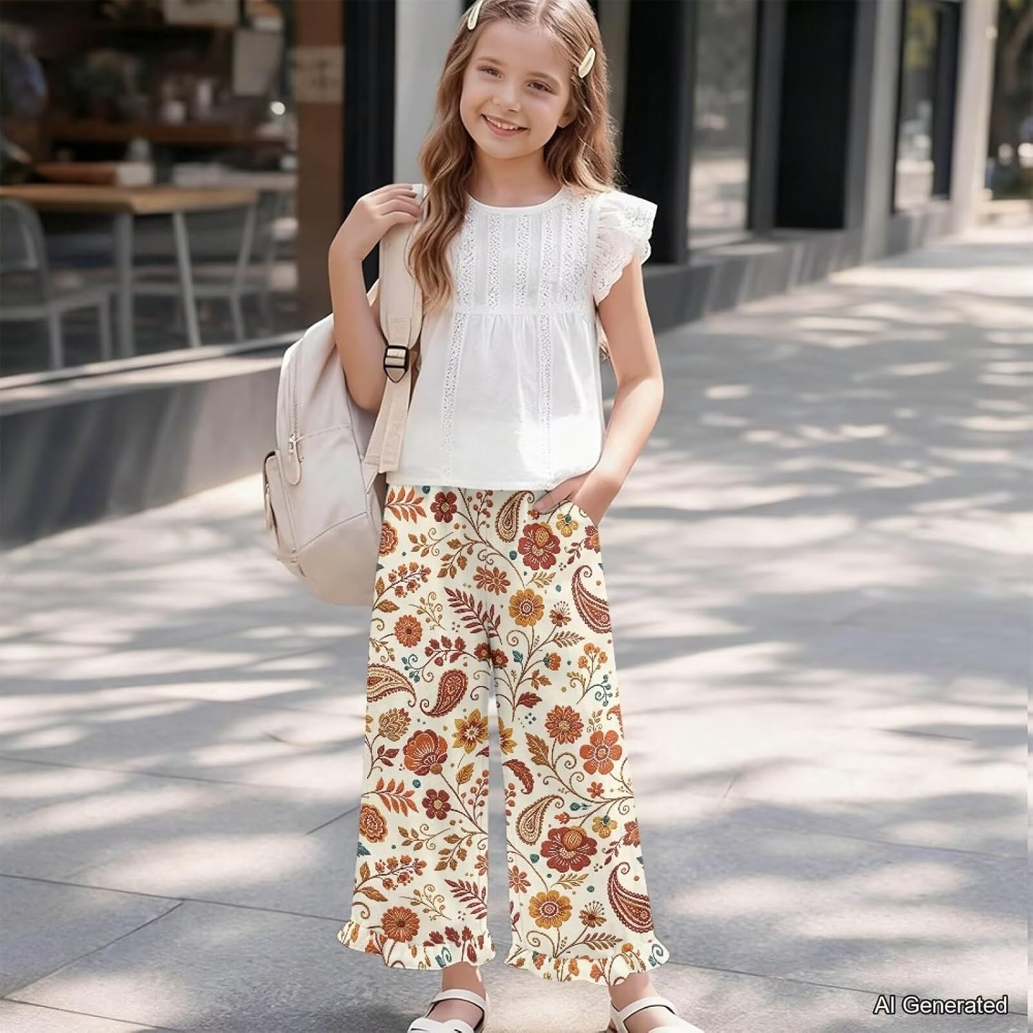 Wanyint Girls' Ruffled Wide Leg Trousers Open Bottom Flowy Long Trousers Summer Pants Spring Outfit Sweatpant for 5-14 Y