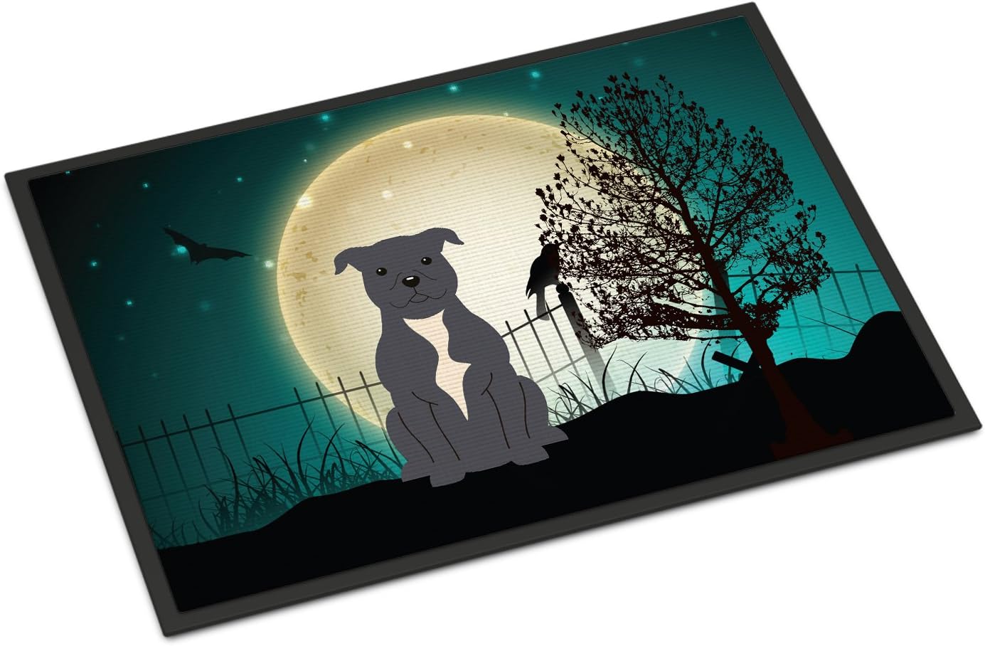 Caroline's Treasures BB2236MAT Halloween Scary Staffordshire Bull Terrier Blue Doormat 18x27 Front Door Mat Indoor Outdoor Rugs for Entryway, Non Slip Washable Low Pile, 18H X 27W