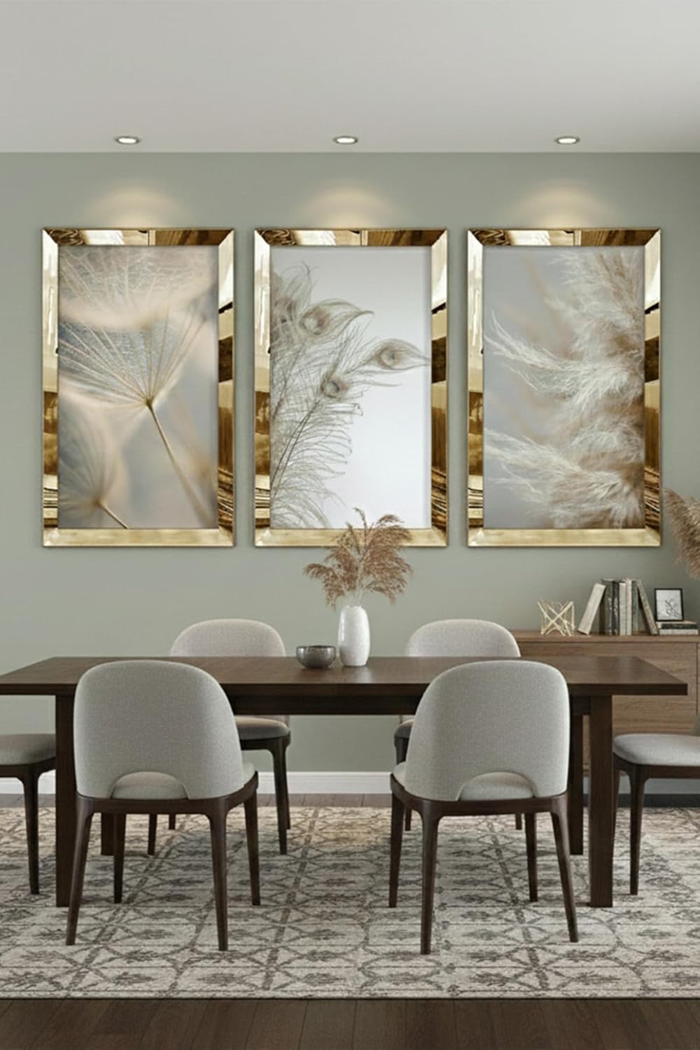 Wall Art Set of 3 Gold Mirrored Plexi Framed Collage Drawings Modern Home Decor (Various Sizes) - Gold, 8x12 inch