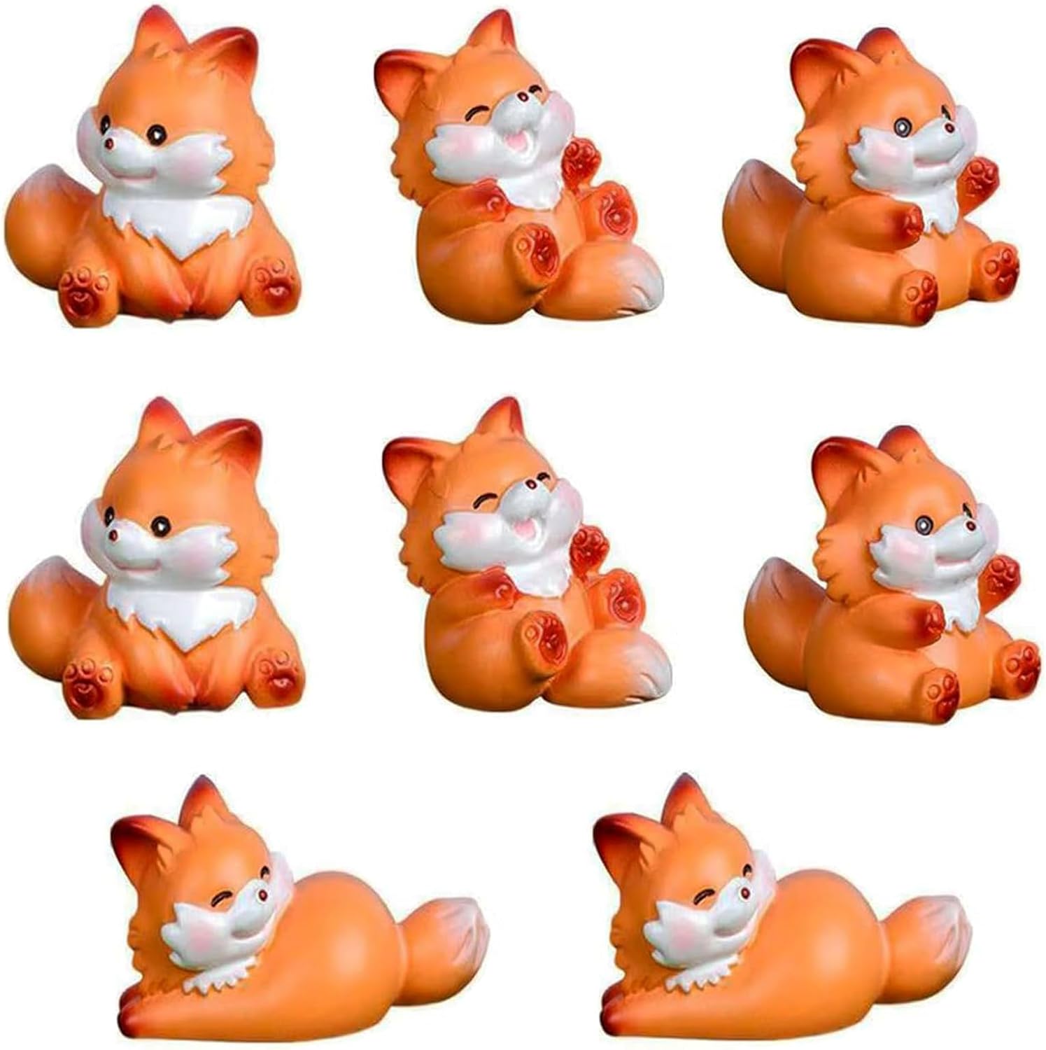 8Pcs Cartoon Mini Fox Figurines Miniature Foxes Figures Resin Woodland Animal Cake Topper for DIY Fairy Garden Micro Landscape Birthday Craft Decorations
