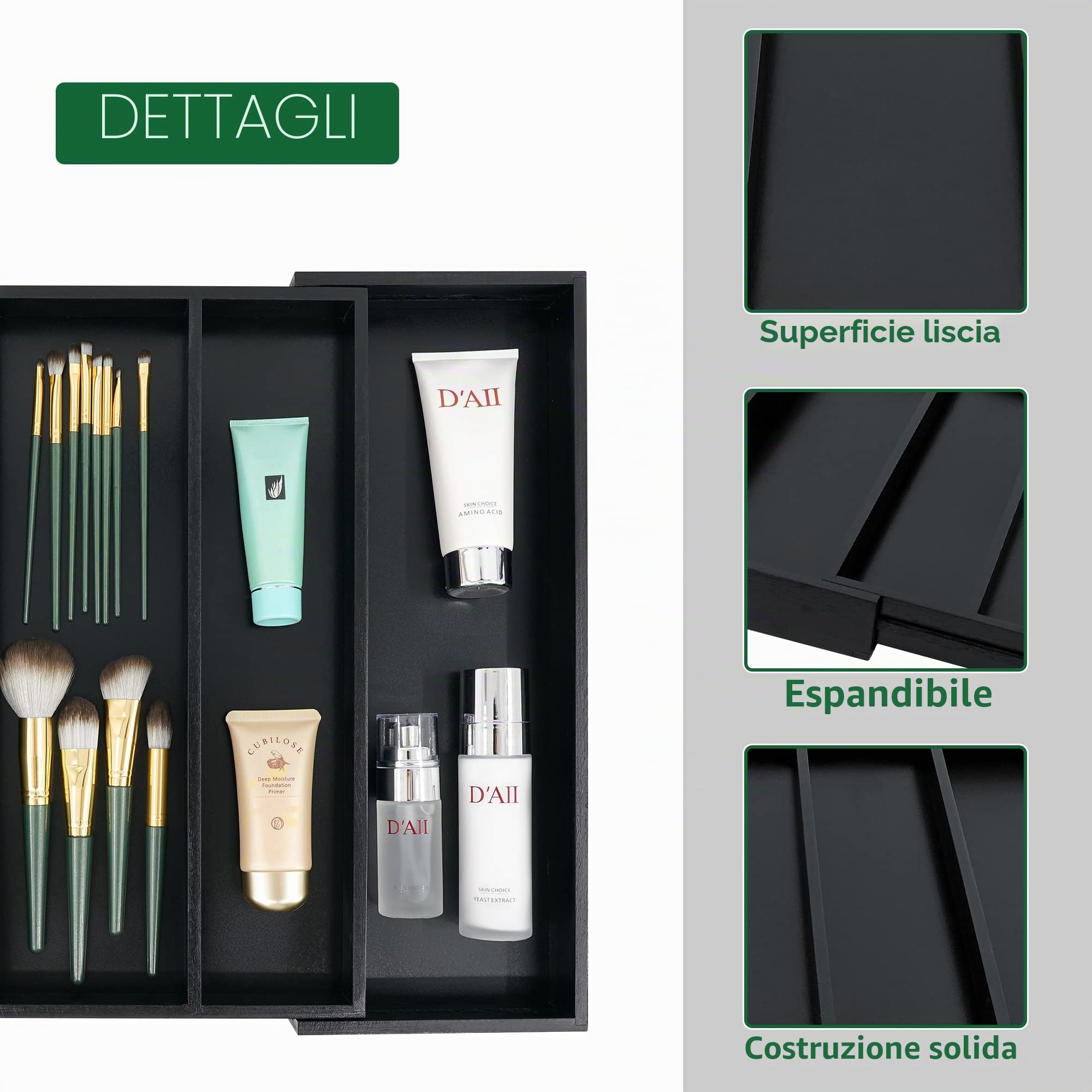 Utoplike Organizzatore per cassetti da cucina in bambù espandibile, Grande organizer regolabile per posate e coltelli con divisori per cassetti per cucina, Camera da letto e soggiorno, Nero