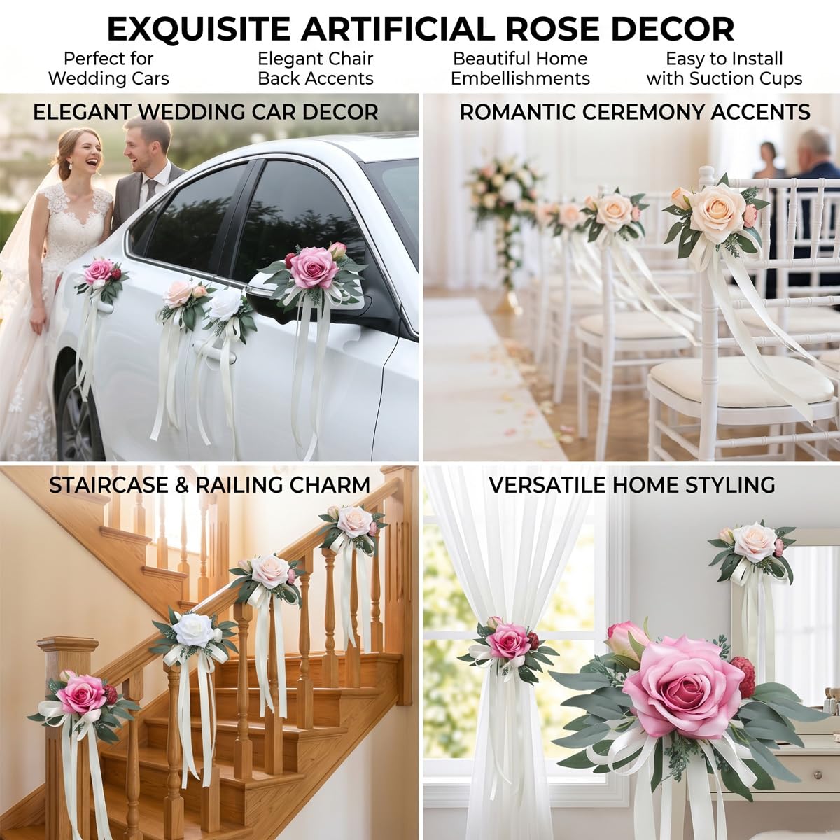 6 Stück Hochzeit Autoschmuck, Auto Türgriff Blume Deko, Autoschleifen Hochzeit Rückspiegel Dekoration, Künstliche Rose mit Saugnäpfen für Hochzeitsdeko Auto Rückspiegel Cremrosa