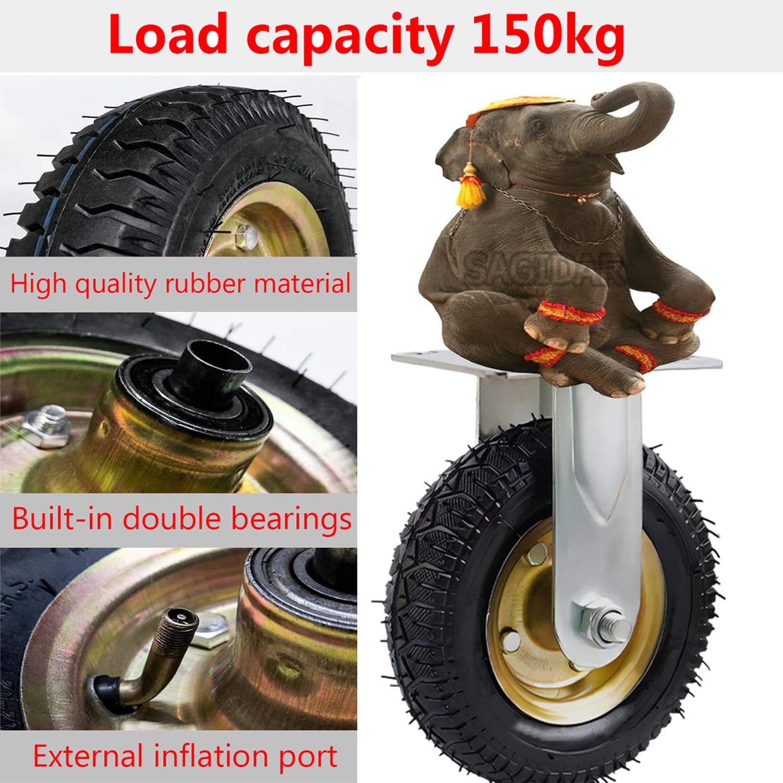 Luftreifen Gummi Lenkrolle, Schwerlastrollen, 2 Lenkrollen + 2 Bockrollen, Möbel Industrierollen Pannensichere Ø15/20/25cm, Tragkraft 150Kg, Für Trolleys, Transportroller, Werkbank Rollen(15cm)