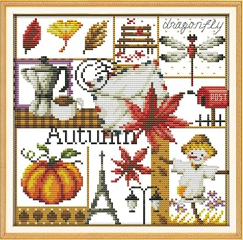 Awesocrafts Cross Stitch Kits, Four Seasons of Autumn Easy Patterns Cross Stitching Embroidery Kit Supplies, Stamped or Counted Autumn, Stamped