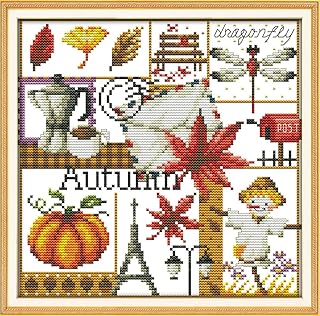 Awesocrafts Cross Stitch Kits, Four Seasons of Autumn Easy Patterns Cross Stitching Embroidery Kit Supplies, Stamped or Counted (Autumn, Stamped)