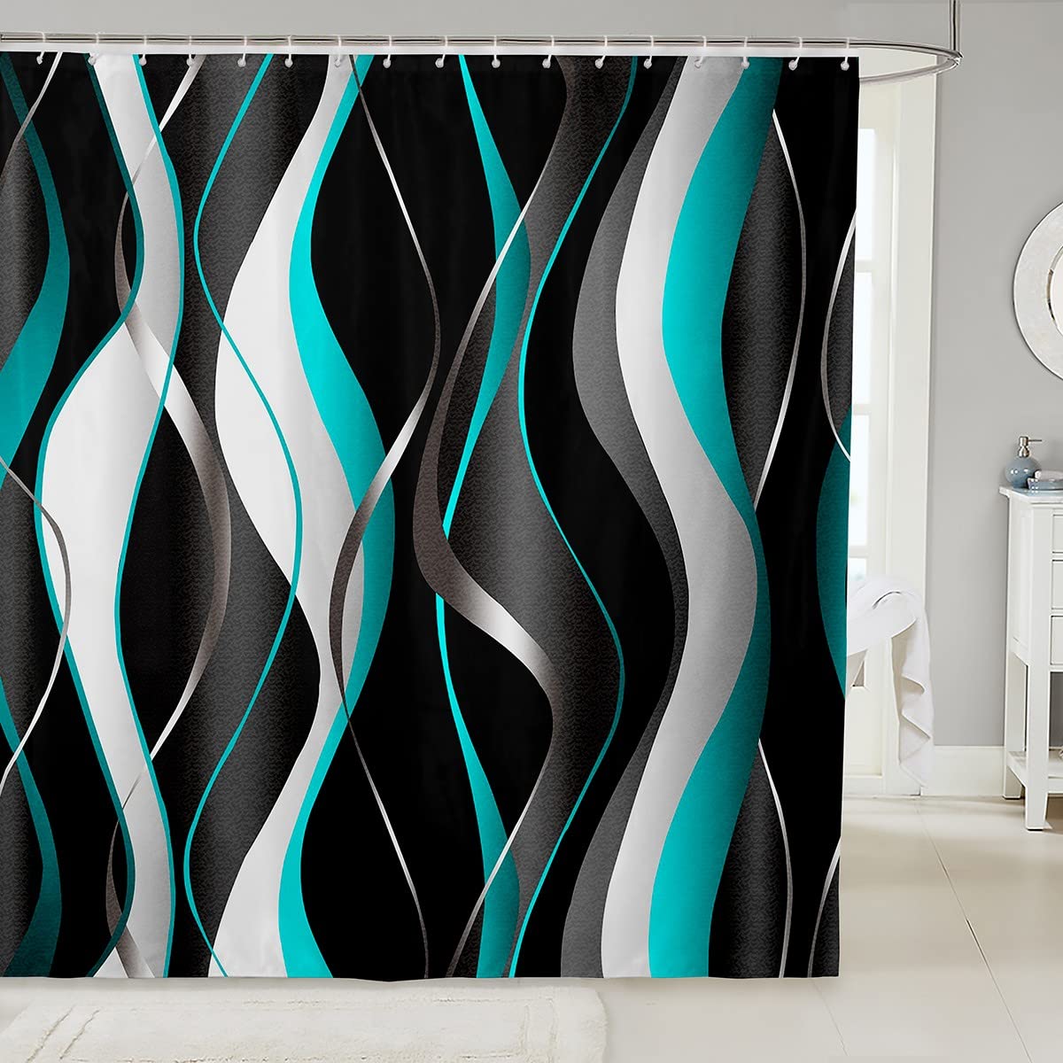 Green Grey Black Fabric Shower Curtains Spiral Pattern Shower Curtain for Kids Boys Girls Abstract Art Bathroom Waterproof Accessories with 12 Hooks Modern Luxury Curtains,72x94 Inch — image 1