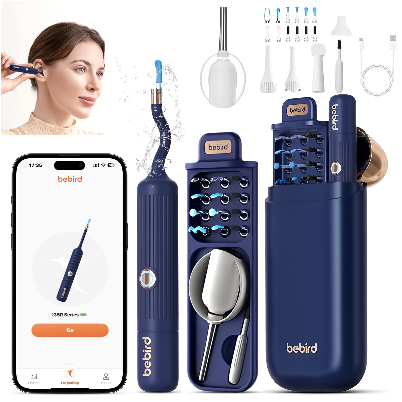 Otoscopio Flexible, Limpia Oidos con Cámara HD y 6 LED, Limpiador de Oidos Cera con Puntas de Repuesto Variadas para Examen de Oídos/Nariz/Garganta, Limpieza Oidos Adultos Compatible con iOS y Android