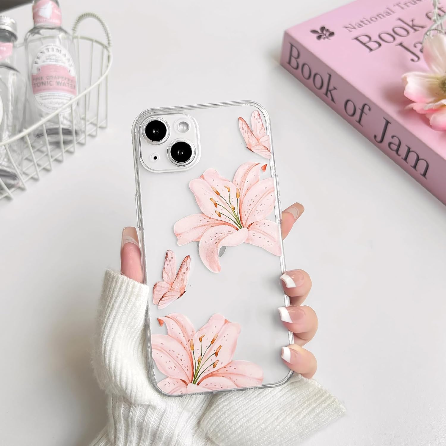 NITITOP Compatible with iPhone 14 Case Clear Cute Butterfly Lily Flower Floral Pattern for Women Girls Full Camera Lens Clear Slim Shockproof Protective Phone Cover - Light Pink - Image 4