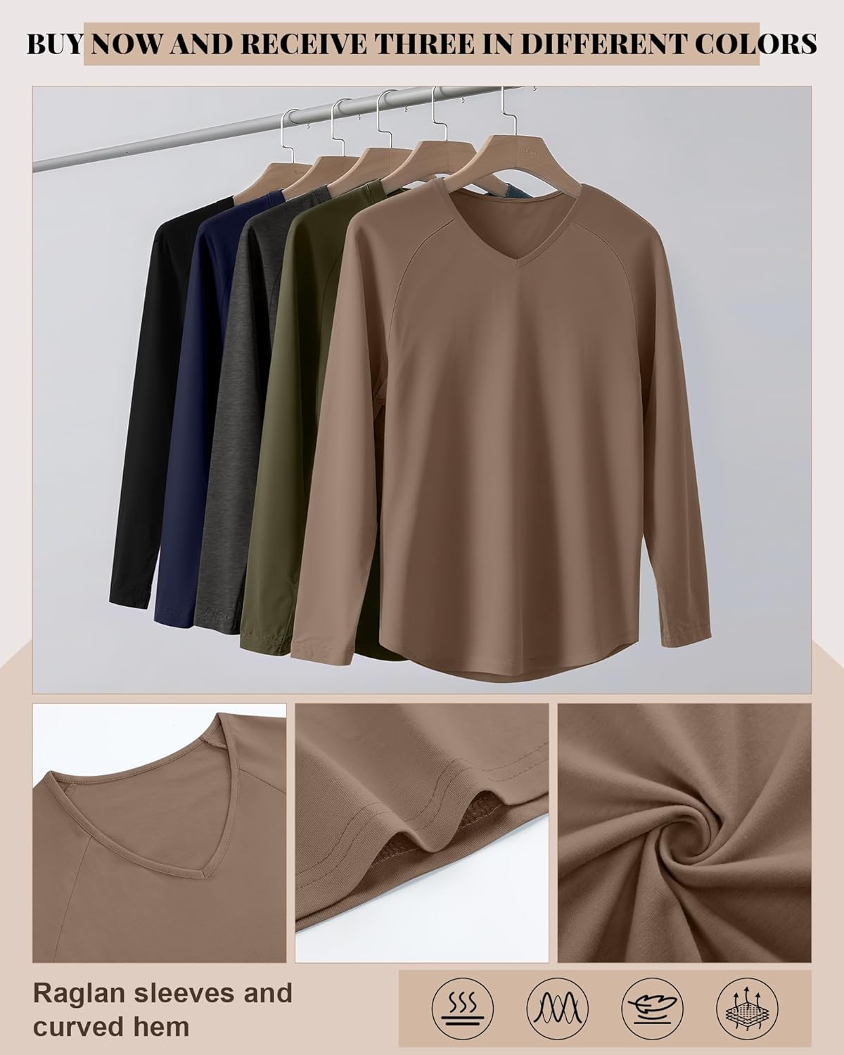 Riyiper 3 Pack Men's Long Sleeve T-Shirts V Neck Curved Hem Casual Raglan Shirts Stretch Lounge Basic Fall Plain Layer Tops - Image 6