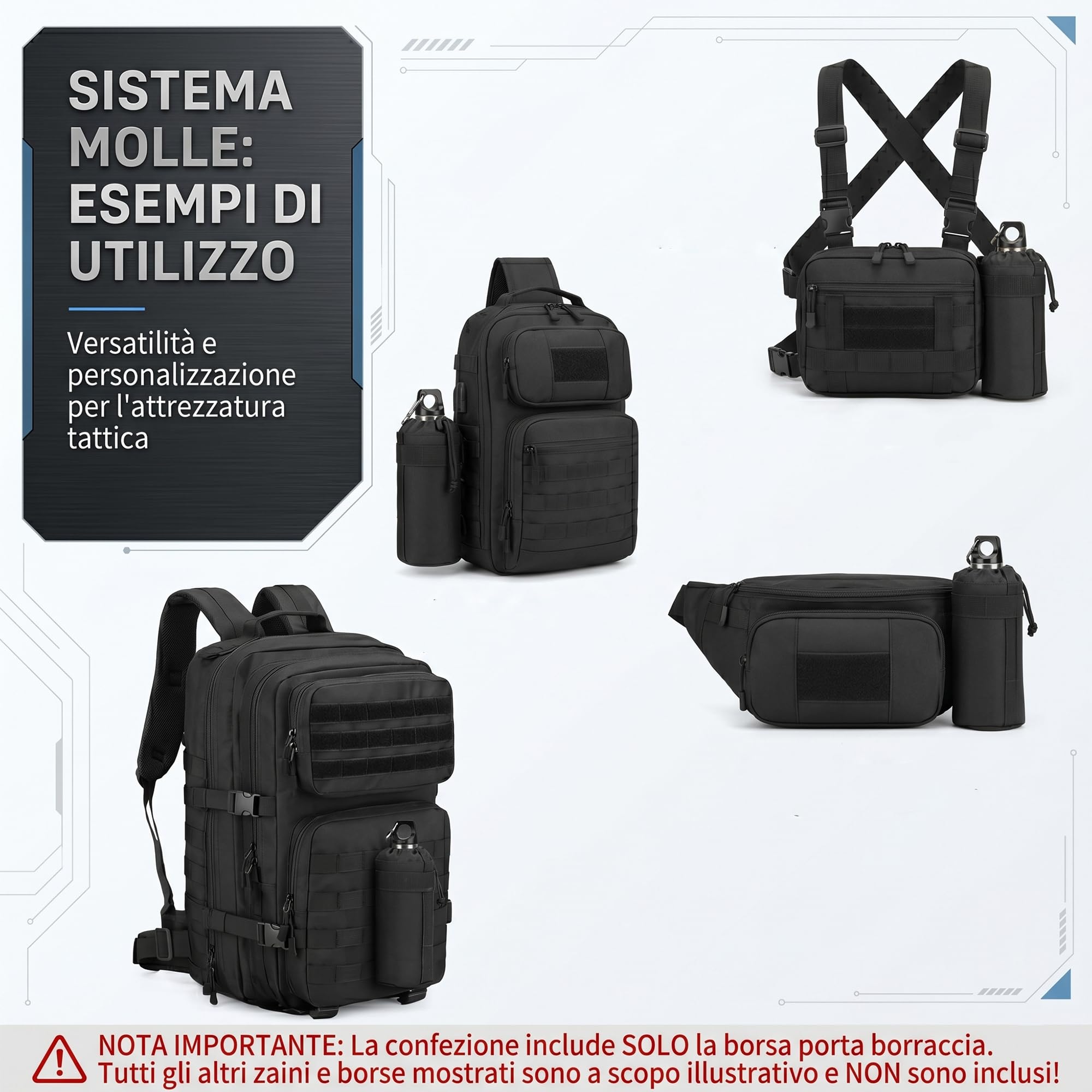 Borsa per Borraccia Molle Tattico Militare Porta Bottiglia 550ml in Nylon 600D Custodia con Tracolla e Coulisse per Sport Outdoor Ciclismo Trekking Campeggio ed Escursionismo