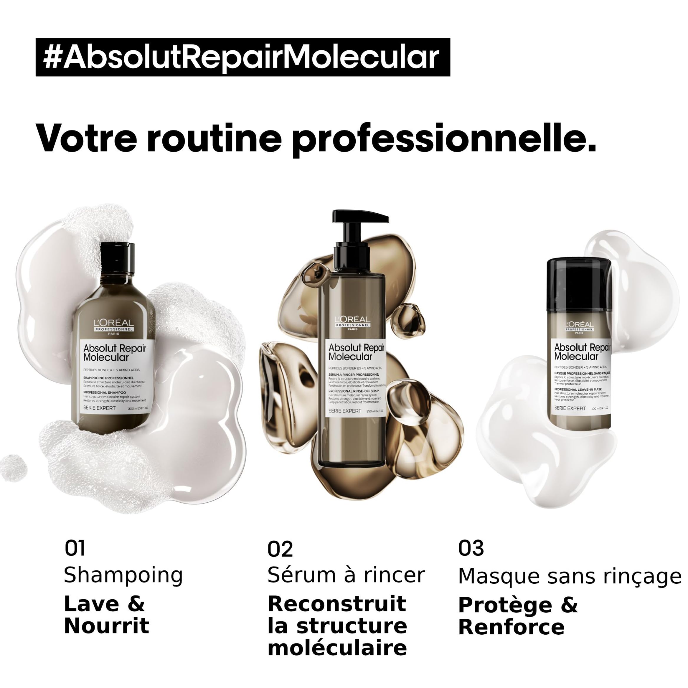 L’Oréal Professionnel, Routine Réparatrice Absolut Repair Molecular pour Tous Types de Cheveux Abîmés, Répare 2 ans de Dommages en Une Application, Formule brevetée, Shampoing + Sérum + Masque