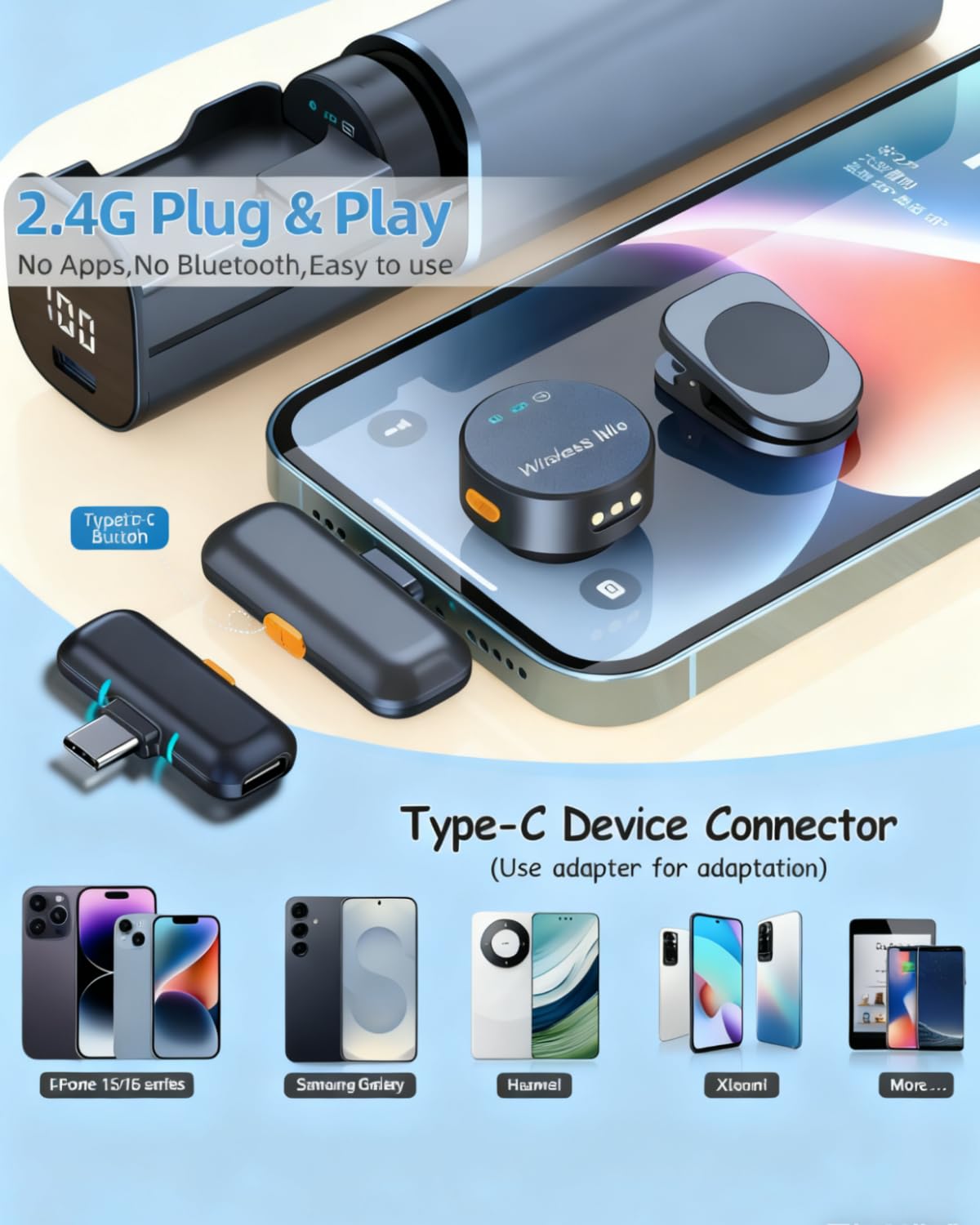 Microfono lavalier wireless, USB-C, a 2 canali, microfono a clip con custodia di ricarica, portata 30 m, batteria 30H, cancellazione del rumore per registrazione iPhone Android