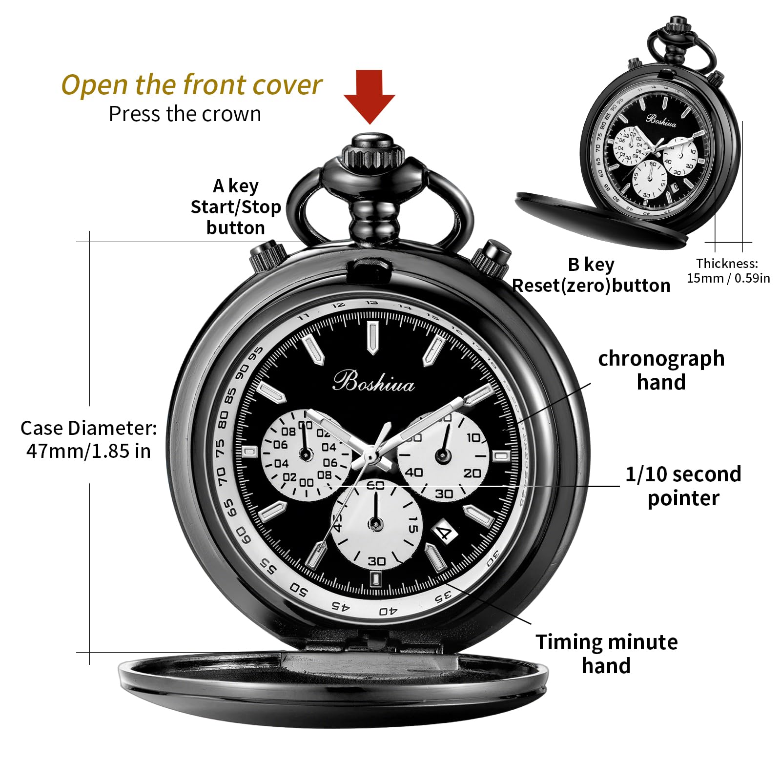 BOSHIYA Orologio da tasca al quarzo liscio da uomo, multifunzionale, cronografo, classico, vintage, per uomo e donna, con catena, regalo di Natale, laurea, compleanno, festa del papà,