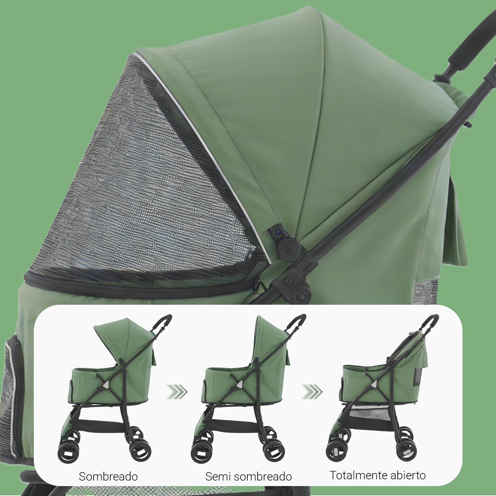 Sunny Sonny Cochecito de Mascotas para Perros y Gatos Pequeños/Medianos hasta 15 kg, Plegable Portátil con Ruedas Giratorias, Cubierta Antilluvia, Cesta, Cremallera y Diseño Seguro (Verde)