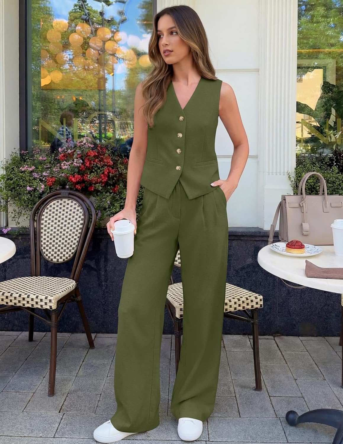 MEROKEETY Women's 2 Piece Outfits Summer 2026 Sleeveless Suit Vest Wide Leg Pants Business Work Casual Blazer Sets - Image 6