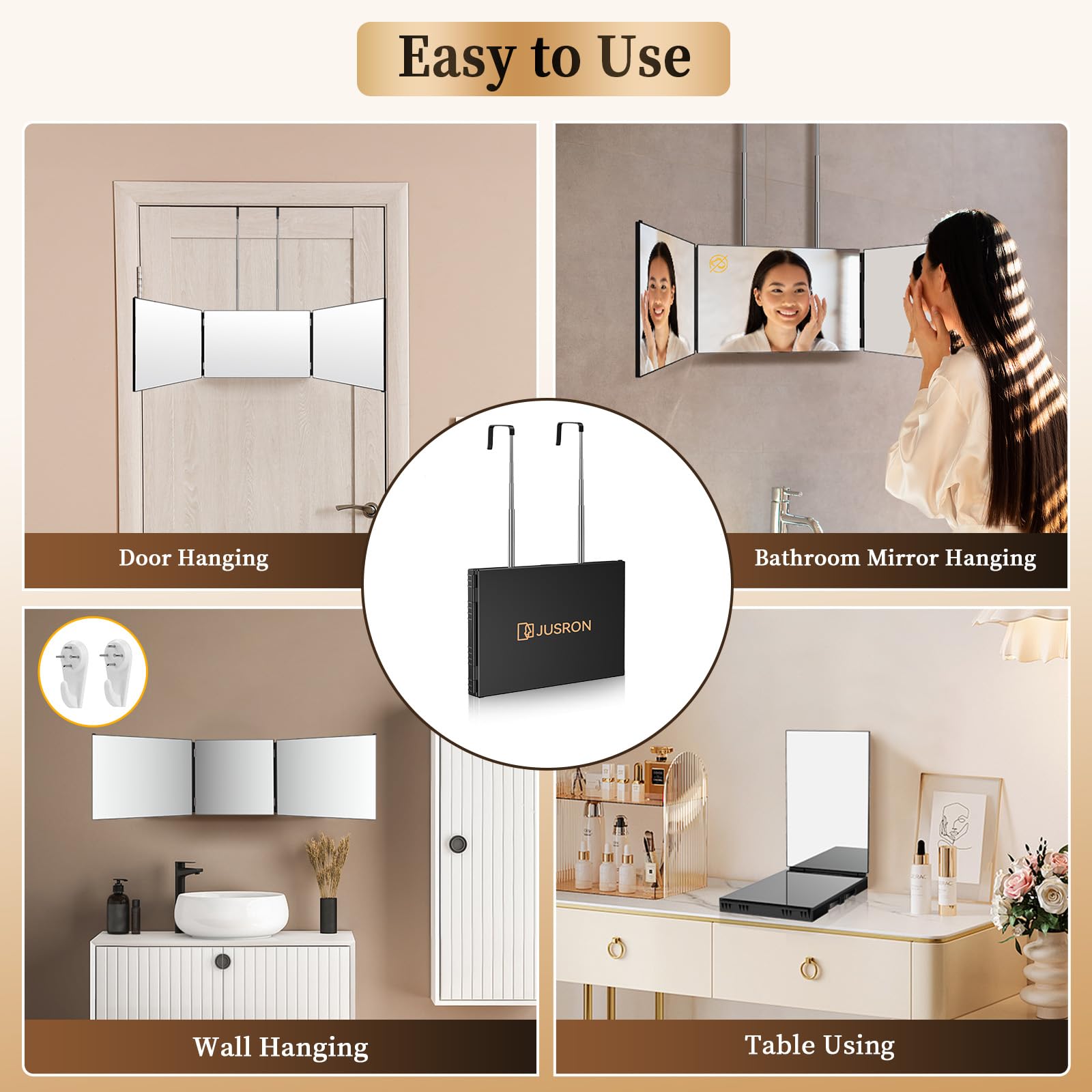 JUSRON Miroir Coiffure 360° 3 Faces Barbier Homme/Femme, Portable et Hauteur Réglable, Pliable pour Maquillage, Rasage (sans LED)