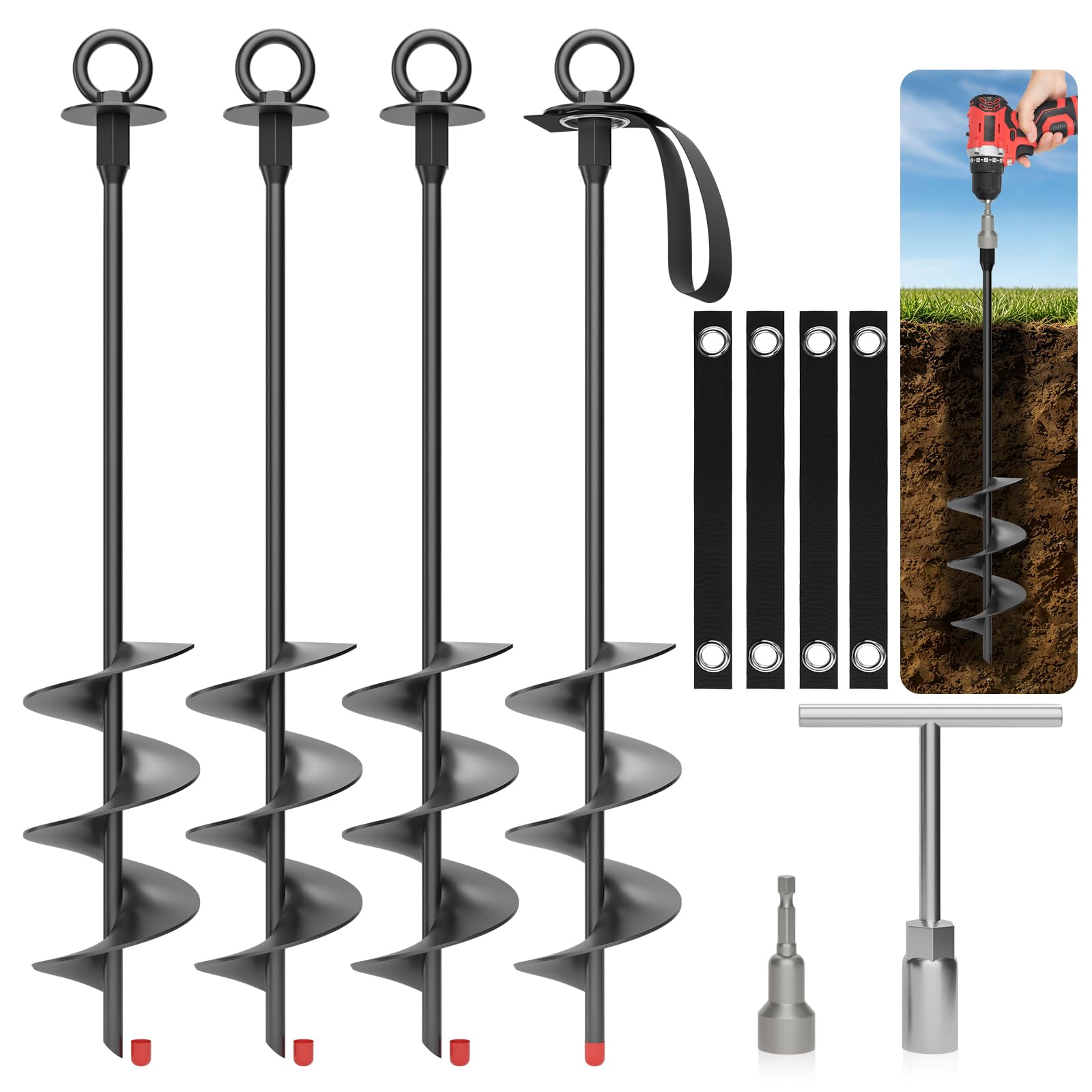 Anclaje de Tierra Resistente de Acero Inoxidable 45cm 4 Unidades | Estacas de Tornillo con Correas y Herramienta de Montaje, Trampolín Tienda Pérgola Carport Columpio, Fijación Antiviento