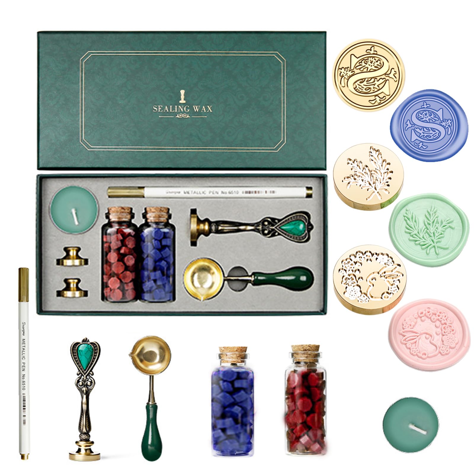Joyeee Sealing Wax Kit, Initial Letter S, Rabbit, Rosemary Wax Seal Stamp Vintage Brass Head, Melt Spoon, Metallic Wax Seal Pen for Decorating Birthday Wedding Invitations Gifts Envelope