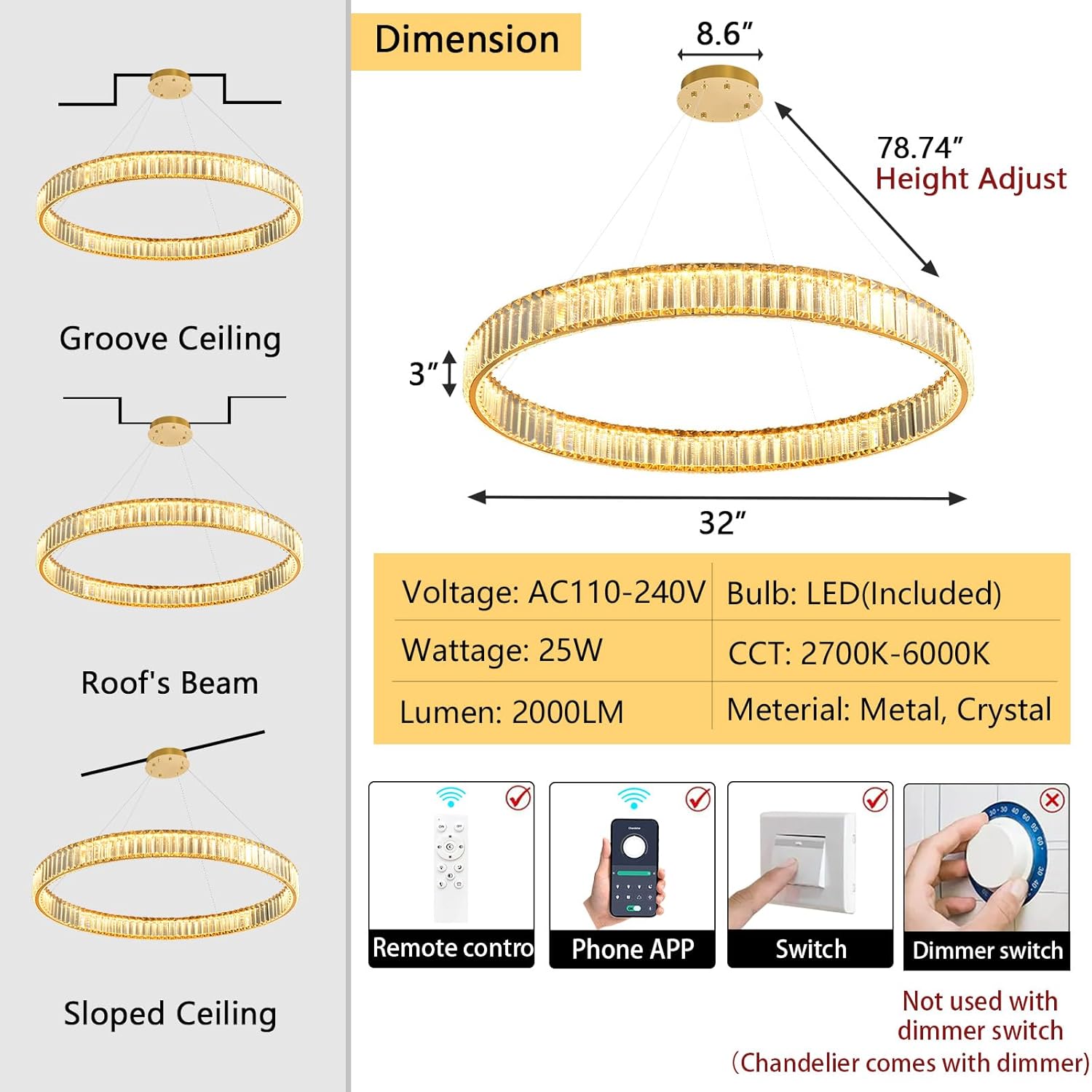 32'' Modern Ring Chandelier Crystal Chandeliers for Dining Room Round LED Dimmable Ceiling Light Fixture for Living Room Bedroom Lighting Gold