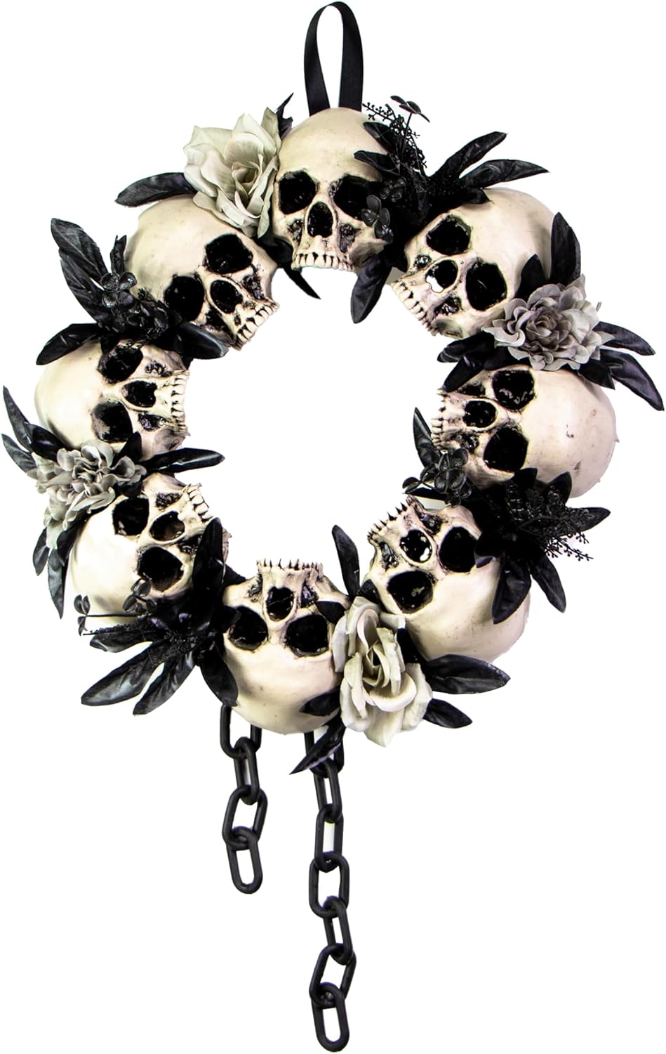 Haunted Hill Farm 15.7-in. Skulls and Chains Wreath - Spooky Halloween Door or Wall Decor, White, Black, and Gray 15.7" Skull Wreath