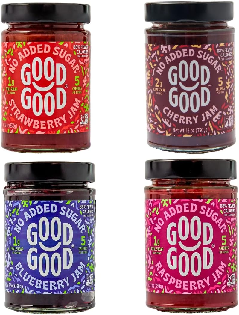 GOOD GOOD No Added Sugar Fruit Jam Variety Pack of 4 - Keto Friendly Jelly - Strawberry, Blueberry, Raspberry and Cherry Jam - Low Carb, Low-Calorie and Vegan - 12oz / 330g Jars