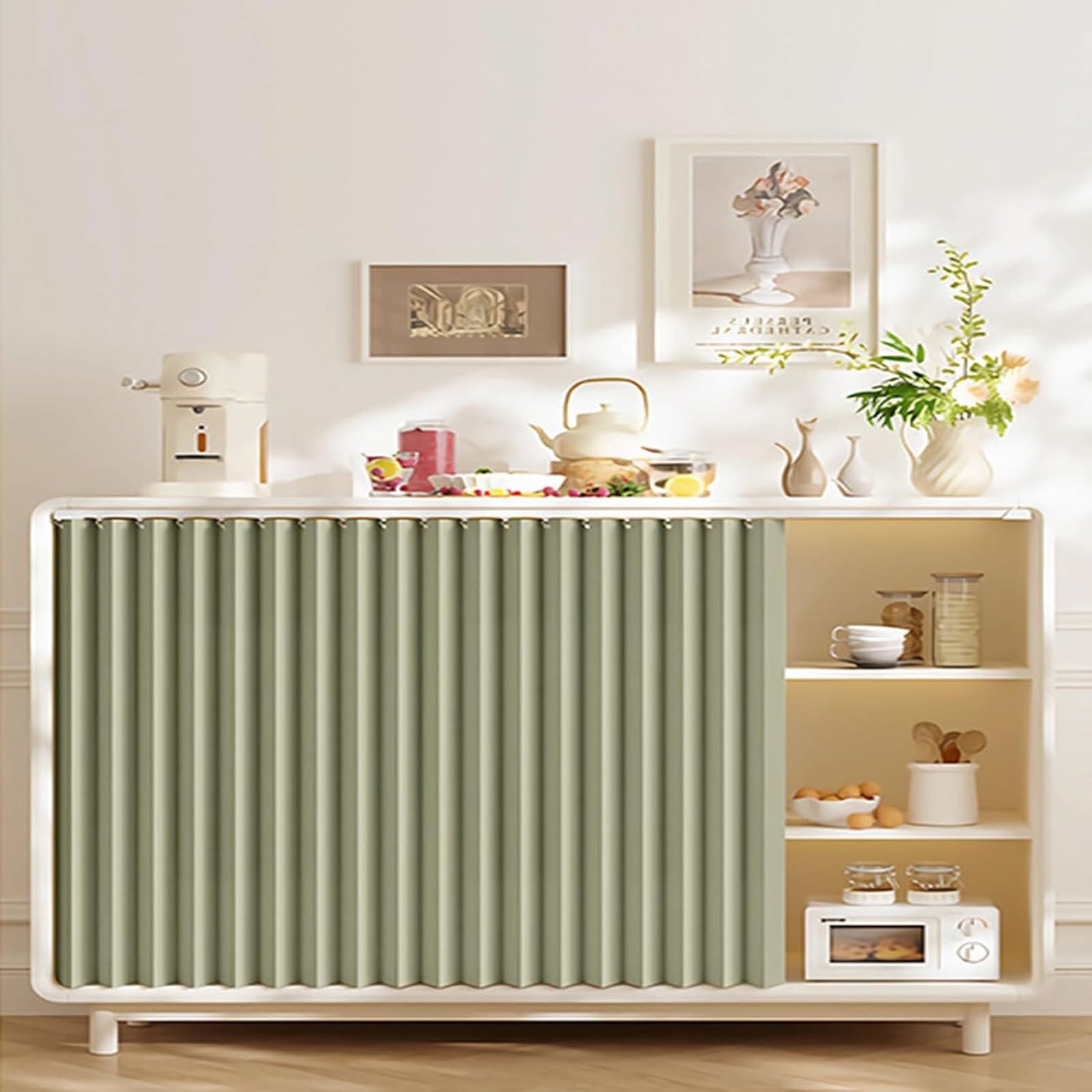 Rideaux en lin imperméables vert 160x60cm pour étagère sans perçage