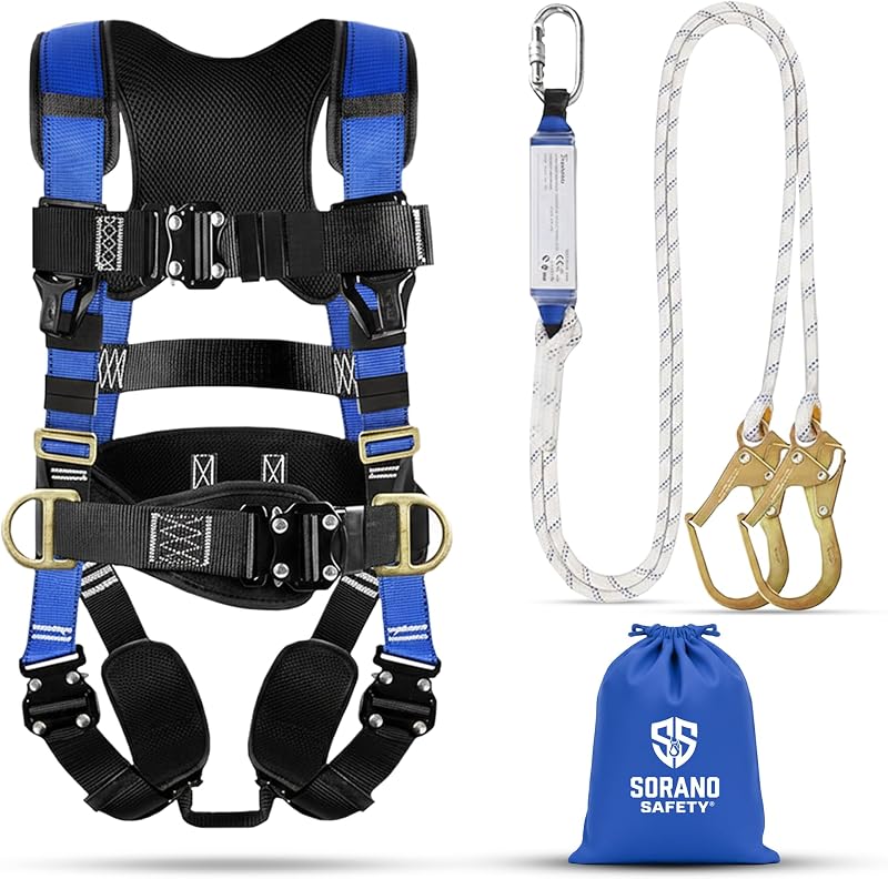 Harness Fall Protection, Full Body Roofing harnesses with Shock Absorbing Lanyard for Men & Women OSHA/ANSI Compliant, Upgrade 4 Quick Buckles