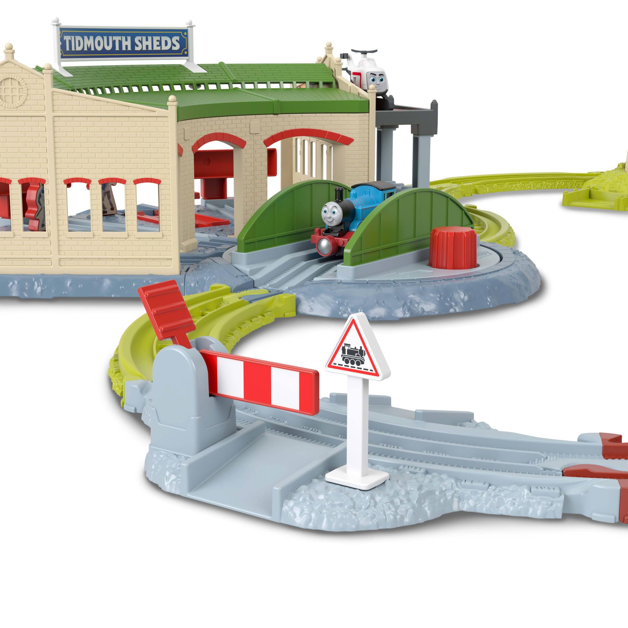 Fisher-Price Thomas y Sus Amigos Conjunto de Trenes de Juguete, Aventura en Las cocheras de Tidmouth con una Locomotora Thomas y Harold el helicóptero, Incluye Plataforma giratoria, JRW06