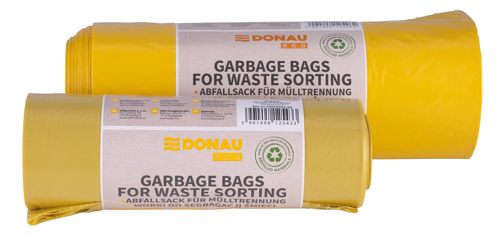 DONAU ECO worki na śmieci 120 l, mocne, do metalu, tworzywa sztucznego/żółtego, 10 worków na śmieci, 1 rolka, certyfikat "Blauer Engel", 100% materiał pochodzący z recyklingu (LDPE) / worek na śmieci