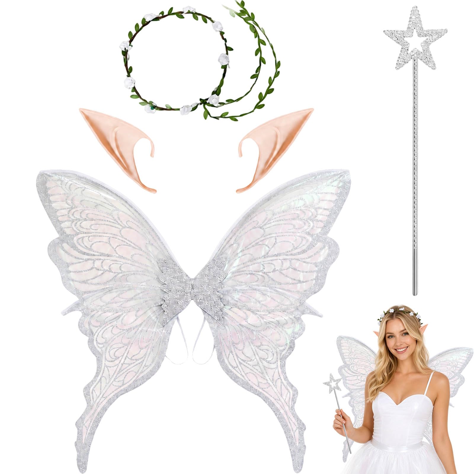 Adult Fairy Wings, 4-Piece Fairy Costume Set with Butterfly Wings, Elf Ears, Sparkly Wand and Flower Headband for Cosplay Events, Themed Parties and Special Occasions White