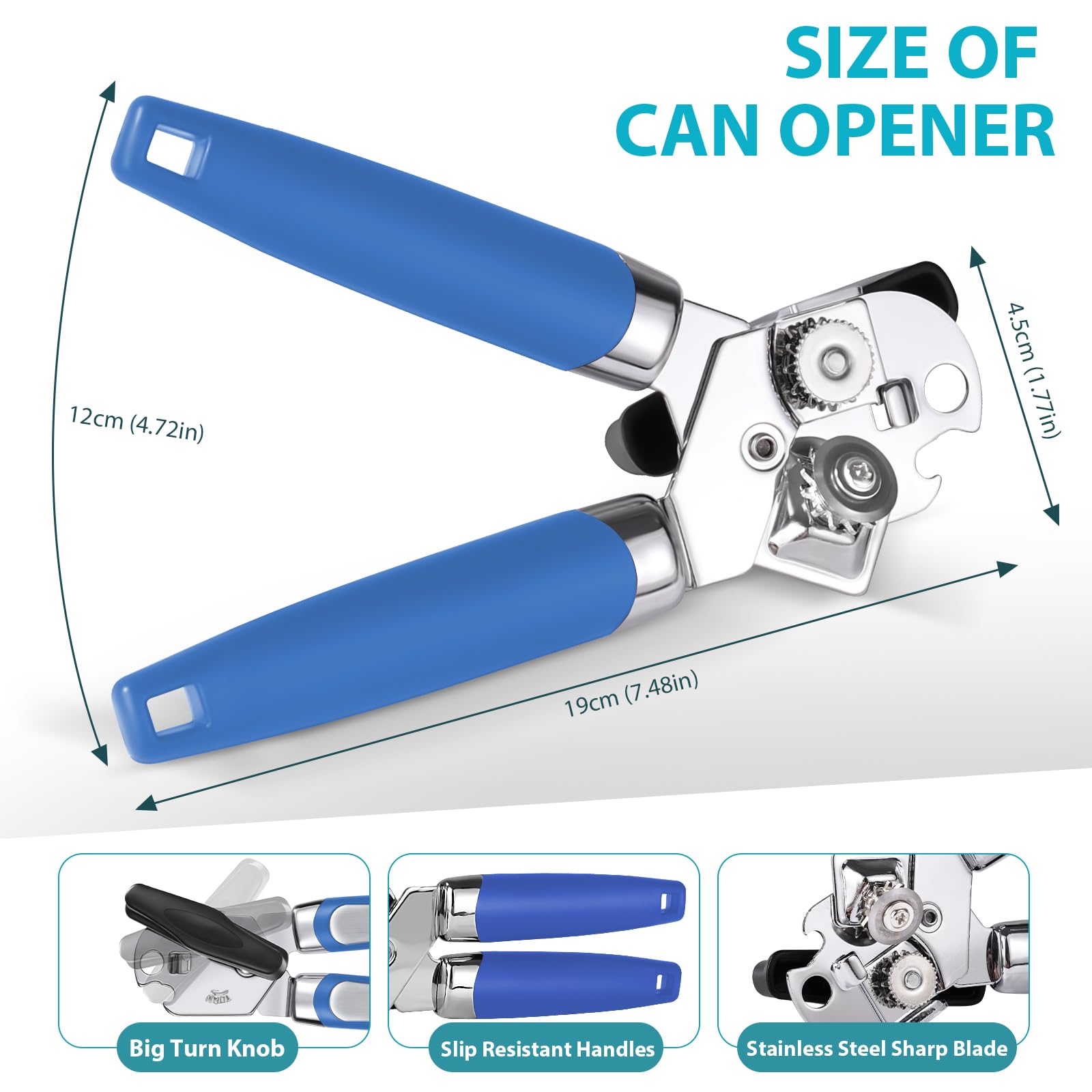 Tin Opener, Lychico 3-in-1Can Opener Handheld Heavy Duty Stainless Steel Can Openers with Multifunctional Bottle Opener, Blue - Image 3