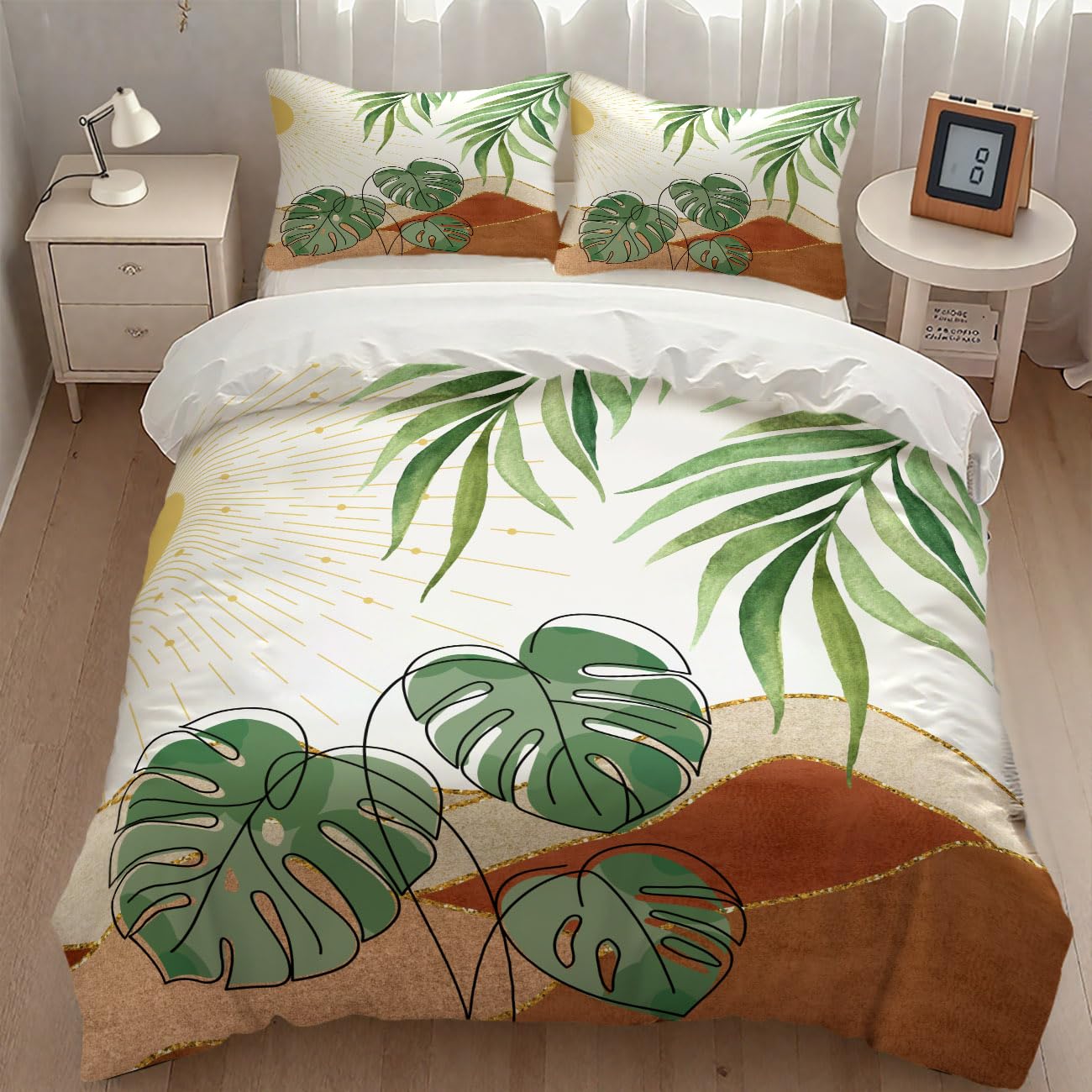 Boho Sunrise Bedding Set,Mid Century Aesthetic Tropical Palm Leaves Abstract Minimalist Comforter Set with Pillowcase for Bedroom Bed Decor,Queen 90"x90"
