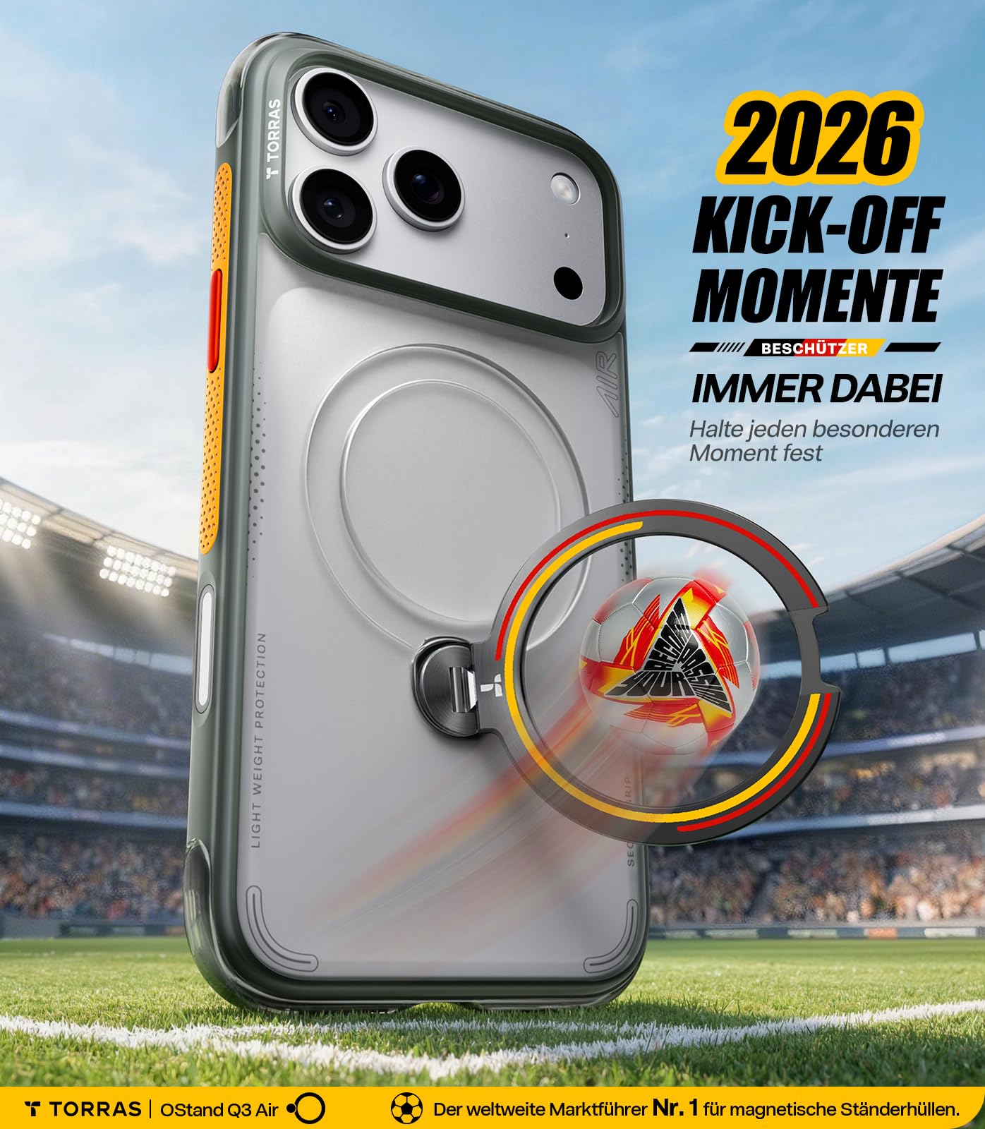 TORRAS Q3 Air 2026 Fußball Limitierte Auflage für iPhone 17 Pro Max hülle mit echtem Airbags Doppelter Schutz & 360° Magnetischer Robust Ständer, Iron
