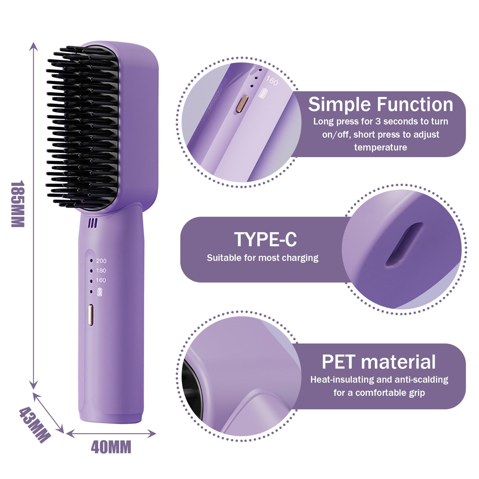 Mini Glätteisen für kurzes Haar, Glätteisen Locken, Glätten 2 in 1,Tragbarer Kabelloser Haarglätter für Die Reise, Elektrische Haarglätterbürste mit 3 Heizstufen für Männer Frauen (Schwarz & Lila)