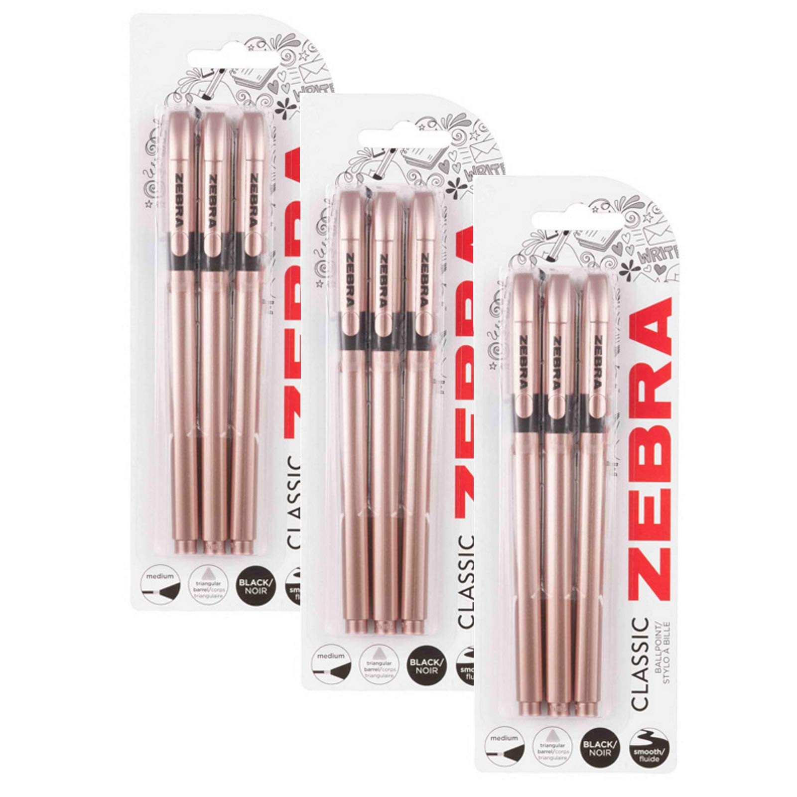 Zebra Rose Gold three pack Black ink 02582 X 3-9 PENS OFFER, great looking Rollerball from Zebra