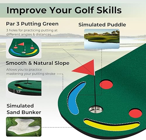 Miniatura 3 de Goplus Putting Green - Esterilla de práctica de golf de 9.8 pies x 3 pies con 3 tazas de putting y bandera, alfombrilla de entrenamiento portátil