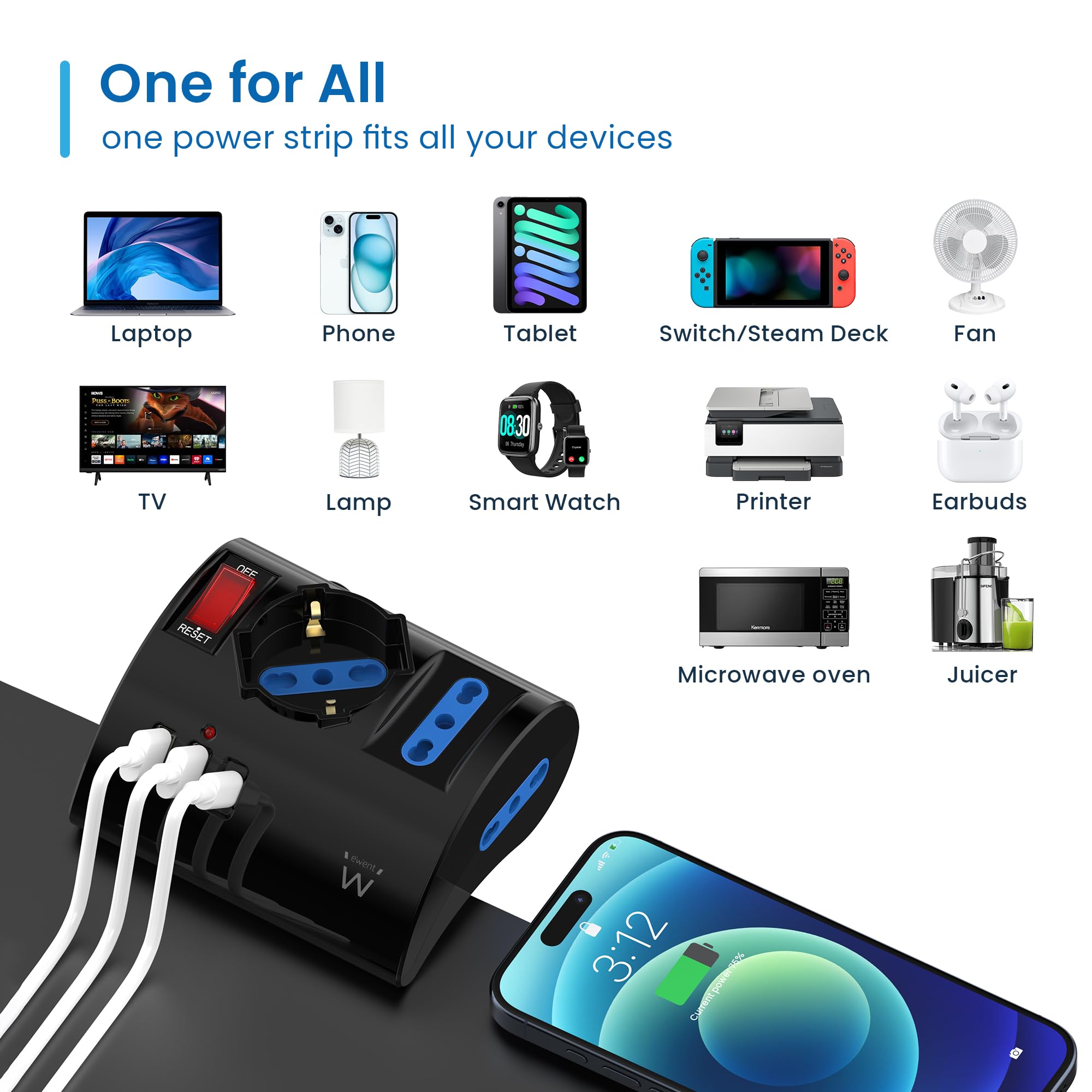 Ewent Multipresa da scrivania/tavolo con 3 Prese 10/16A e 2 porte USB-A e 1 porta USB-C, Interruttore ON/OFF, 3500W, Protezione da Sovraccarico,Spina IT10A e cavo da 2mt,Nera, 3 prese (2ITA/Schuko)