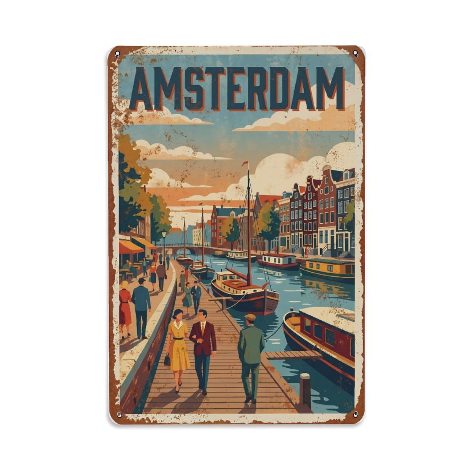 Vintage Travel Boardwalk Netherlands Waterfront Metal Tin Sign Plaque Wall Decor for Cafe, Club Bar, Office, Home Garden Metal Poster 8x12Inch