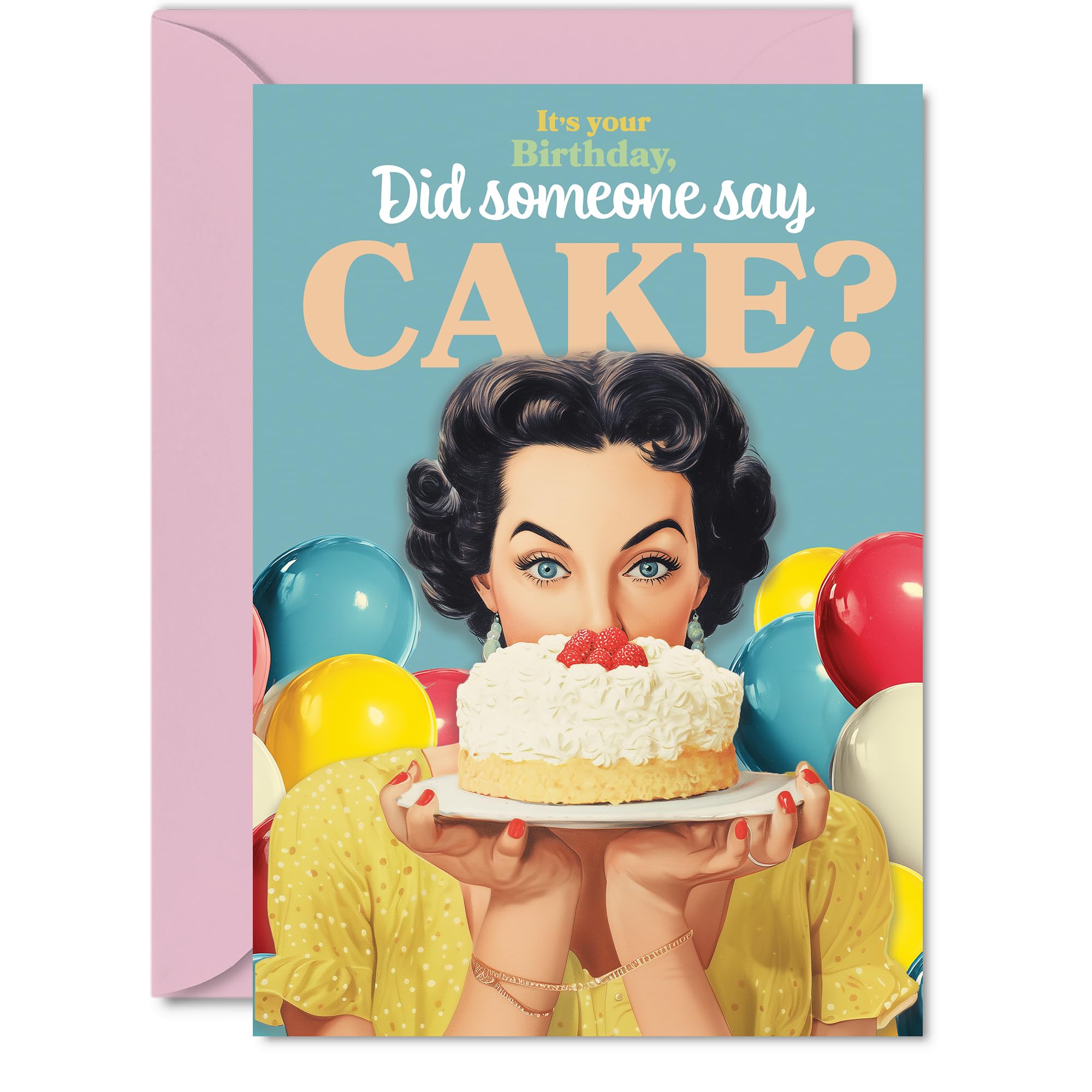 Family Birthday Card - Did Somesone Say CAKE? - Happy Birthday Card for Family from Colleague Friends, A5 Vintage Party Style Bday Greeting Cards