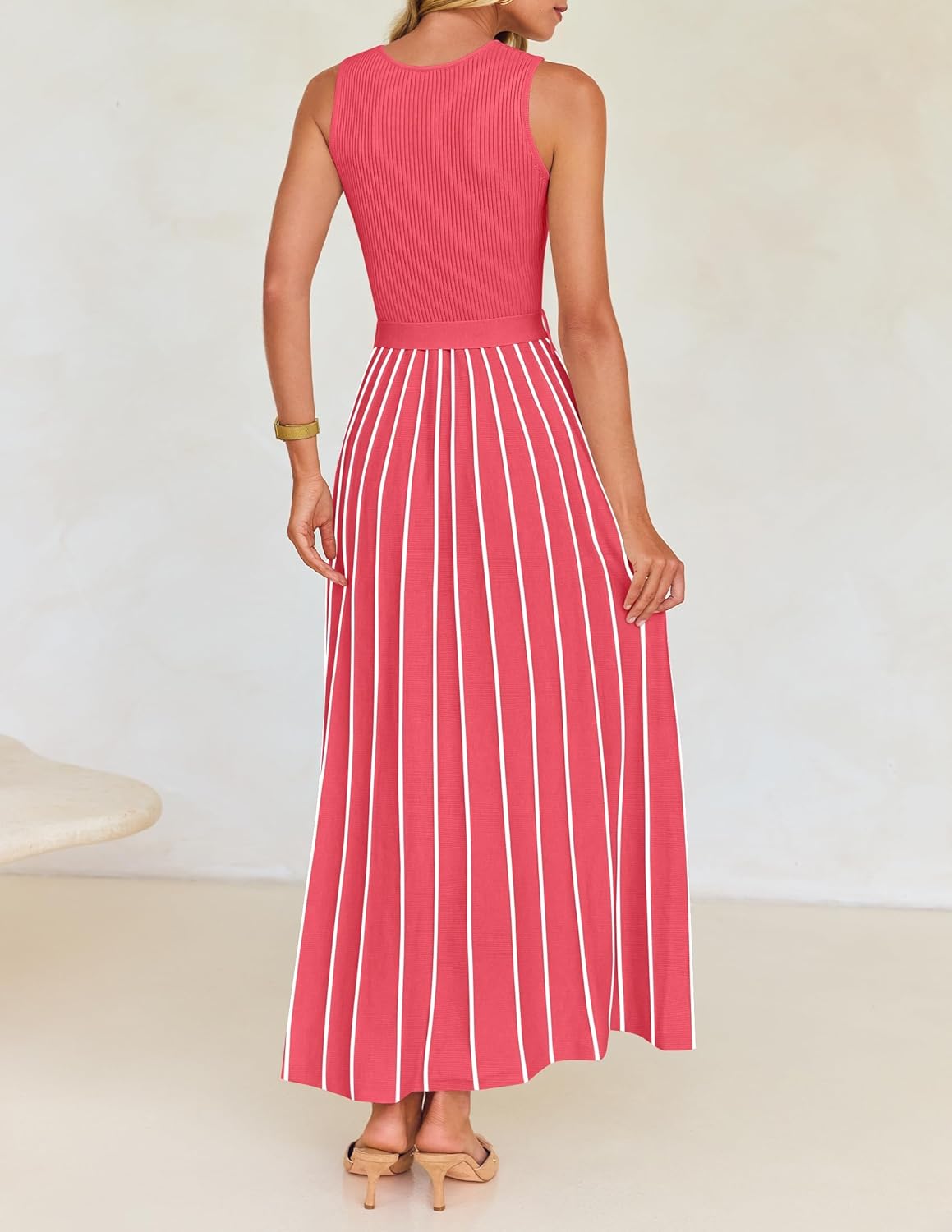 ZESICA Women's Summer Sleeveless Maxi Dress 2026 Crewneck Ribbed Knit Tie Waist Casual A Line Sweater Dresses - Image 3