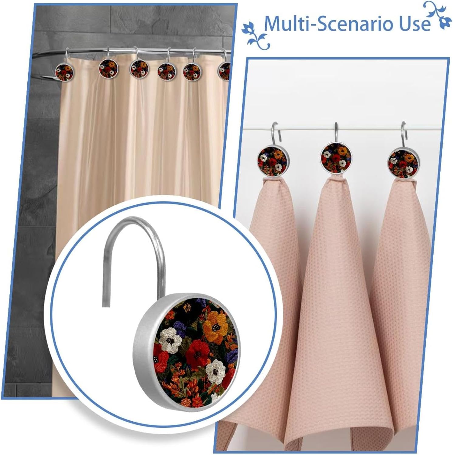 Textured Floral Vector Pattern (2) Round Crystal Glass Decorative Shower Curtain Hooks with 3D Pattern Visual, Rust Proof Shower Curtain Rings-12 Pack