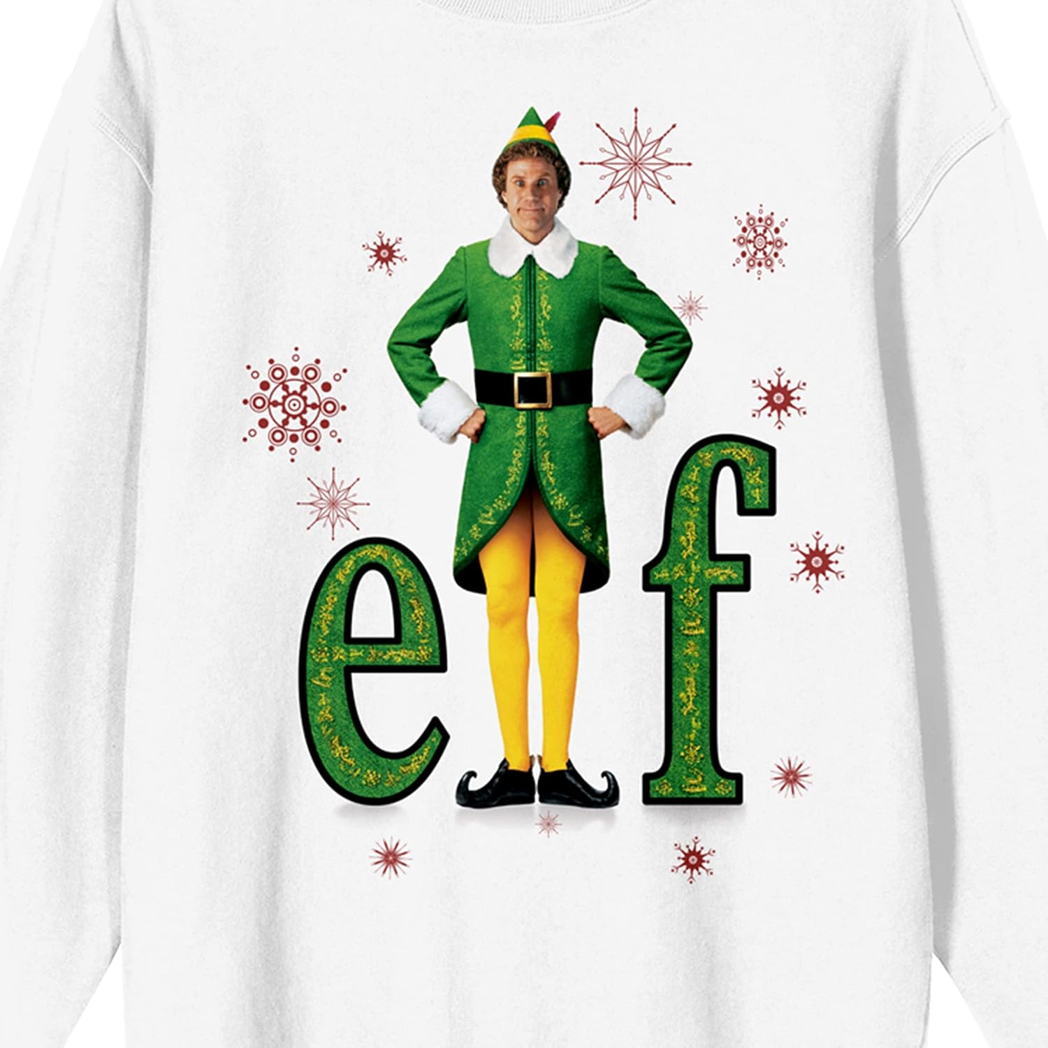 Bioworld Elf Movie Title Logo and Poster Art Women's White Crew Neck Sweatshirt