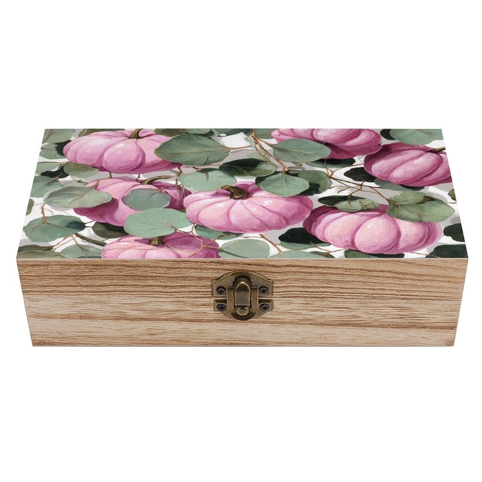 Pink Pumpkins And Eucalyptus Leaves Wooden Storage Box with Hinged Lid