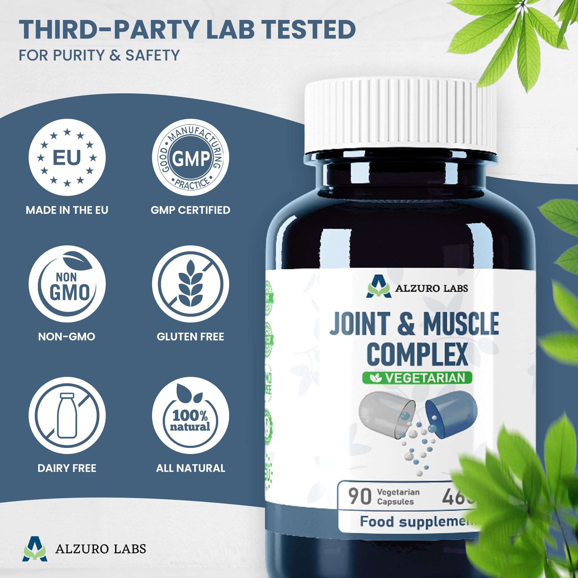 Complejo Articulaciones y Músculos 465mg - 90 cápsulas veganas | Boswellia Serrata, Garra del Diablo, PEA, Vitamina C y D3 | Antiinflamatorio, Huesos y Colágeno | Probado y GMP.